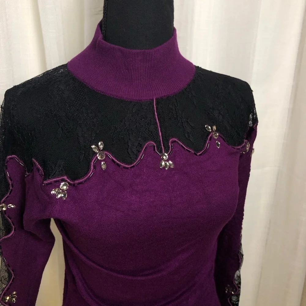 VENUS Purple and Black Lace Mini Sweater Dress NWOT
